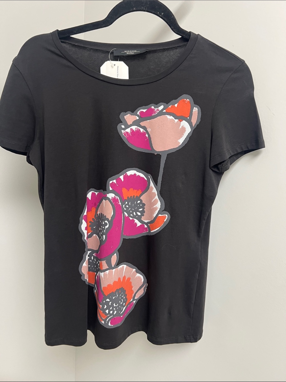 Weekend Max Mara Black Tee with Pink & Orange Floral Motif